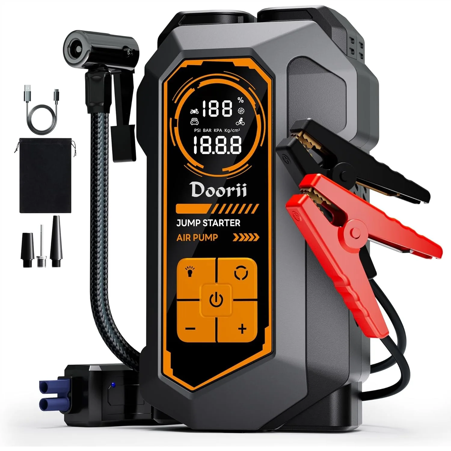 6000A Jump Starter with Air Compressor, 150PSI Tire Inflator, LED Light for Up to 10.0L Gas/8.0L Diesel Engines
6000A Jump Starter with Air Compressor, 150PSI Tire Inflator, LED Light for Up to 10.0L Gas/8.0L Diesel Engines