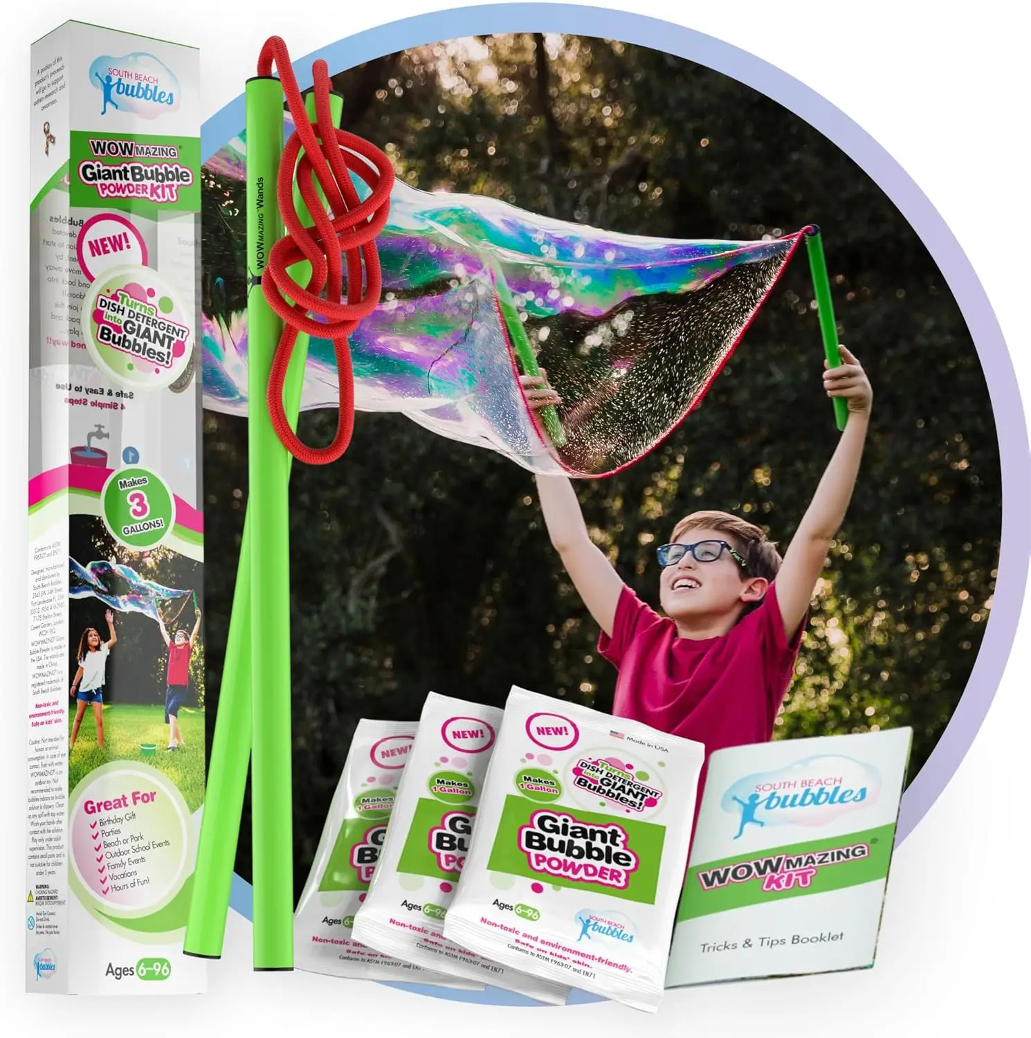 Giant Bubble Powder Kit: Large Wand & 3 Packets (Makes 3 Gallons) | Outdoor Toy for Kids
Giant Bubble Powder Kit: Large Wand & 3 Packets (Makes 3 Gallons) | Outdoor Toy for Kids