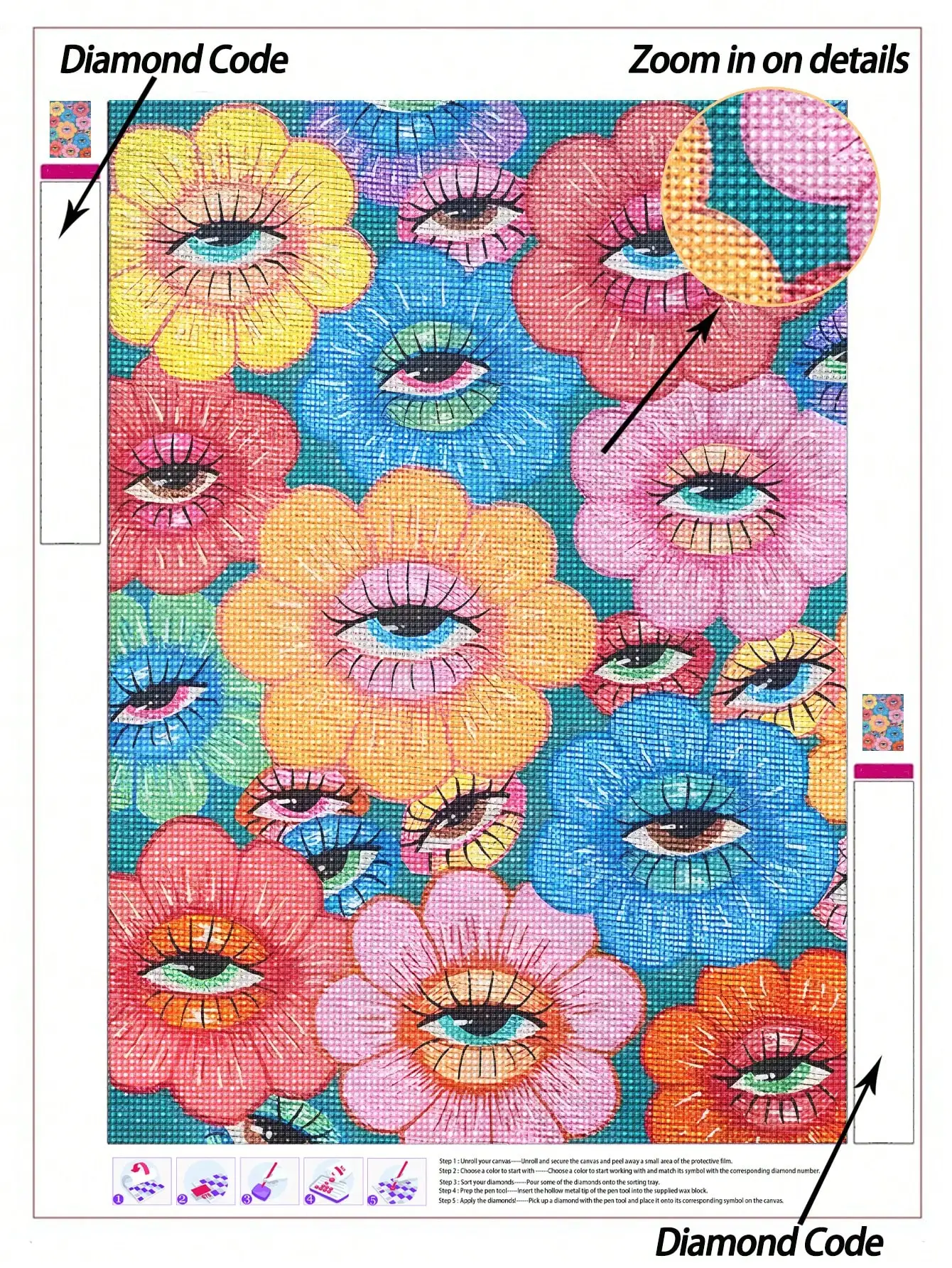 |5D DIY Diamond Painting|Surreal Floral Eyes Pattern DIY Diamond Art Kit, Vibrant Multicolored Flower Blooms With Detailed Eye Motifs, Teal Background, And Whimsical Aesthetic. Handmade Decorative Painting, 5D DIY Embroidery Mosaic Art, Make Your Own Wall
|5D DIY Diamond Painting|Surreal Floral Eyes Pattern DIY Diamond Art Kit, Vibrant Multicolored Flower Blooms With Detailed Eye Motifs, Teal Background, And Whimsical Aesthetic. Handmade Decorative Painting, 5D DIY Embroidery Mosaic Art, Make Your Own Wall