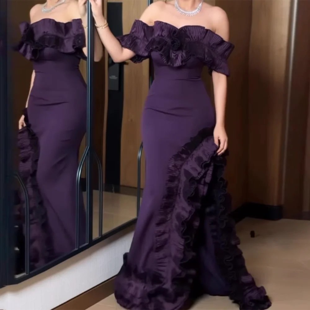 Customized Modern Long Evening Dresses Boat Neck Side High Split Off The Shoulder Pleat Ruched Long Sweep Train Prom Party Gown
Customized Modern Long Evening Dresses Boat Neck Side High Split Off The Shoulder Pleat Ruched Long Sweep Train Prom Party Gown
