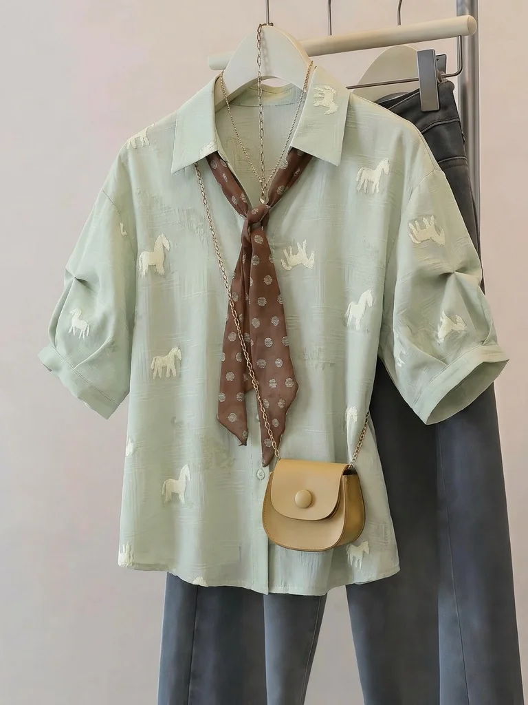 Green Polka Dot Silk Scarf V-Neck Short Sleeve Shirt Women's Summer New plus Size Slimming Top Korean Style Loose Fit Commute
Green Polka Dot Silk Scarf V-Neck Short Sleeve Shirt Women's Summer New plus Size Slimming Top Korean Style Loose Fit Commute