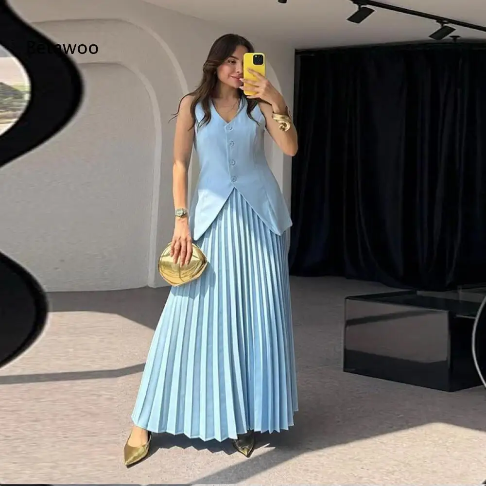 Women 2 Piece Outfit, V-Neck Sleeveless Vest & Pleated Maxi Skirt Set
Women 2 Piece Outfit, V-Neck Sleeveless Vest & Pleated Maxi Skirt Set