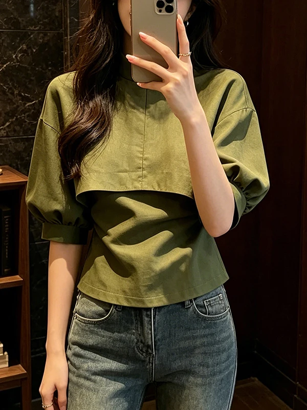 Slimming Fit Women's Shirt Lantern Sleeve Belted Waist Stand Collar Patchwork Design Commute Style Short Length Breathable
Slimming Fit Women's Shirt Lantern Sleeve Belted Waist Stand Collar Patchwork Design Commute Style Short Length Breathable