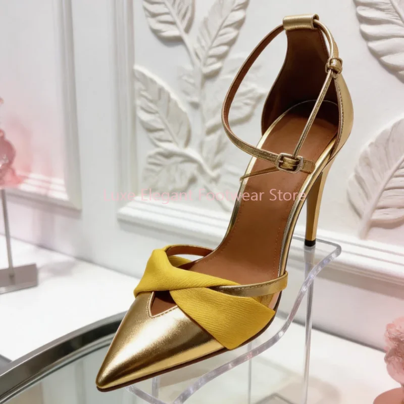 Gold Pointed Toe Satin Ankle Strap Stiletto Pumps Women Patchwork Hollow Cover Heel High Heels Sexy Elegant Party Dress Shoes
Gold Pointed Toe Satin Ankle Strap Stiletto Pumps Women Patchwork Hollow Cover Heel High Heels Sexy Elegant Party Dress Shoes