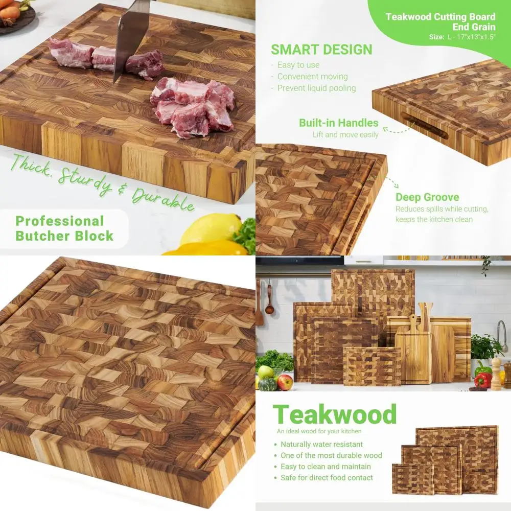 Large Reversible End Grain Teak Butcher Block with Deep Juice Groove, 17x13x1.5, Knife-Friendly & Eco-Friendly Kitchen Accessory
Large Reversible End Grain Teak Butcher Block with Deep Juice Groove, 17x13x1.5, Knife-Friendly & Eco-Friendly Kitchen Accessory