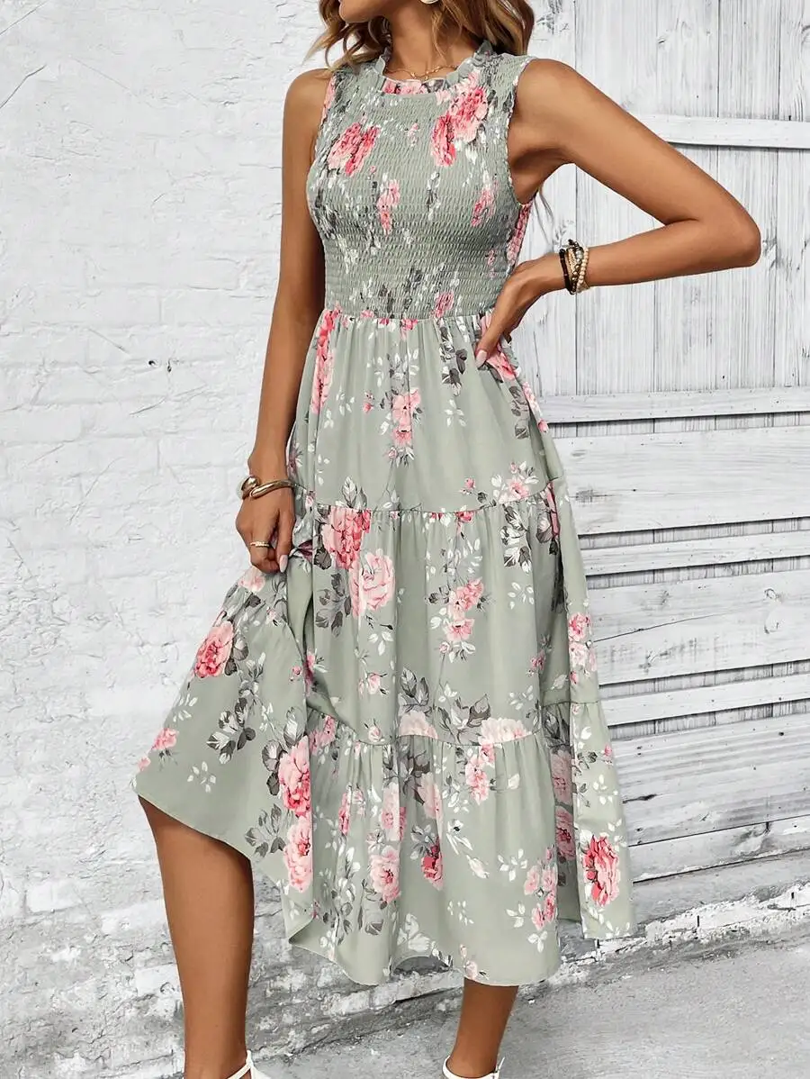 Floral Print Sleeveless Midi Dress For Women Featuring Smocked Bodice, Tiered Ruffles And Asymmetrical Hemline
Floral Print Sleeveless Midi Dress For Women Featuring Smocked Bodice, Tiered Ruffles And Asymmetrical Hemline