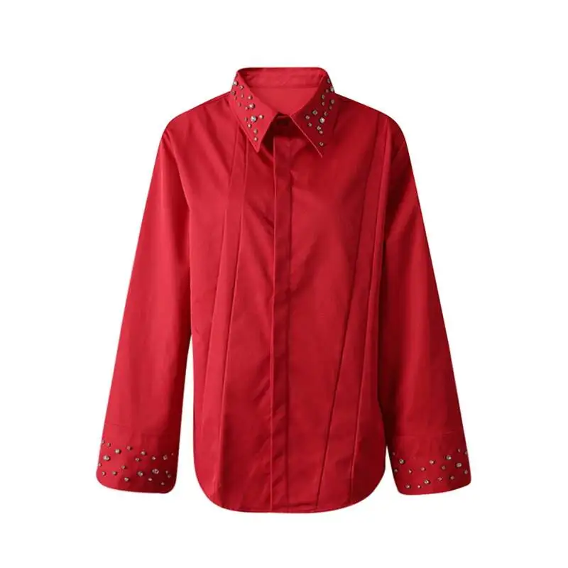 Rhinestones Women Red Spliced Big Size Casual Blouse New Lapel Long Sleeve Shirt Fashion Spring Autumn 2026 3XGS
Rhinestones Women Red Spliced Big Size Casual Blouse New Lapel Long Sleeve Shirt Fashion Spring Autumn 2026 3XGS