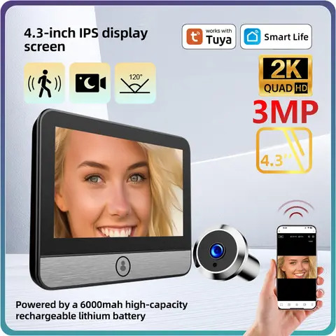 DANMINI Tuya Smart 2K 3MP 4.3Inch Peephole Doorbell Camera With WIFI APP 120° Intercom Microwave Radar Human Body Detection