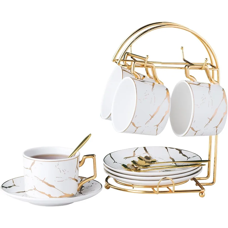 Jusalpha Serve of 4- Hand Printed Golden Matte Ceramic Marble Tea Coffee Tea Cups with Spoons and Cup Holder 7OZ -TCS26 White G
Jusalpha Serve of 4- Hand Printed Golden Matte Ceramic Marble Tea Coffee Tea Cups with Spoons and Cup Holder 7OZ -TCS26 White G