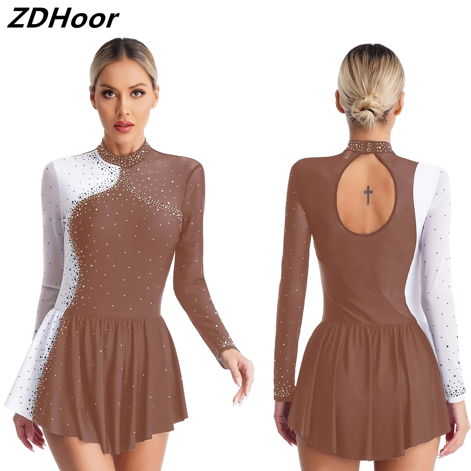 Womens Figure Skating Dance Dress Sparkly Rhinestone Contrast Color Sheer Mesh Patchwork Long Sleeve Mock Neck Dresses
Womens Figure Skating Dance Dress Sparkly Rhinestone Contrast Color Sheer Mesh Patchwork Long Sleeve Mock Neck Dresses