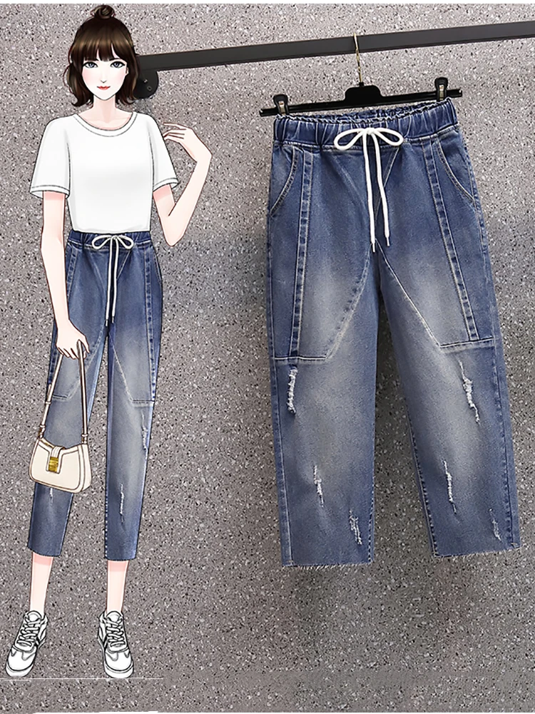 Summer Fashion Clothes Women Blue Jeans Elastic Waist Scratched Hole Patchwork Solid Color Retro Female Calf Length Denim Pants
Summer Fashion Clothes Women Blue Jeans Elastic Waist Scratched Hole Patchwork Solid Color Retro Female Calf Length Denim Pants