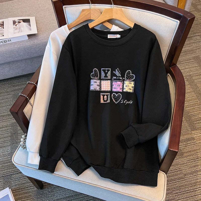 175Kg Plus Size Women's Bust 170 Autumn Loose Round Neck Long Sleeved Diamond Sweatshirt Black White 4XL 5XL 6XL 7XL 8XL 9XL 
175Kg Plus Size Women's Bust 170 Autumn Loose Round Neck Long Sleeved Diamond Sweatshirt Black White 4XL 5XL 6XL 7XL 8XL 9XL