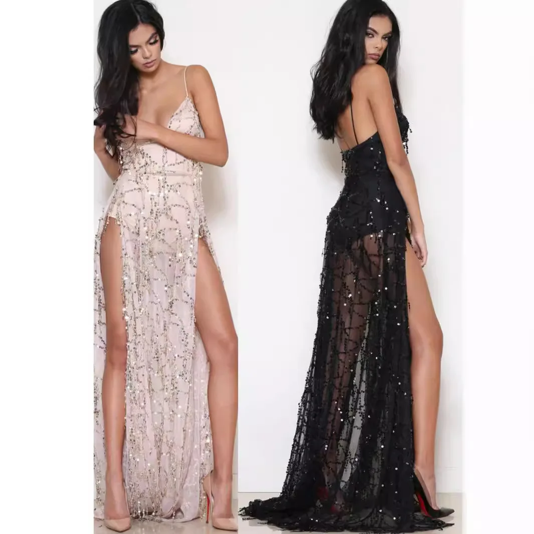 Women's sexy V-neck suspender tassel mopping sequins dress summer temperament elegant simple high-end clothing new
Women's sexy V-neck suspender tassel mopping sequins dress summer temperament elegant simple high-end clothing new