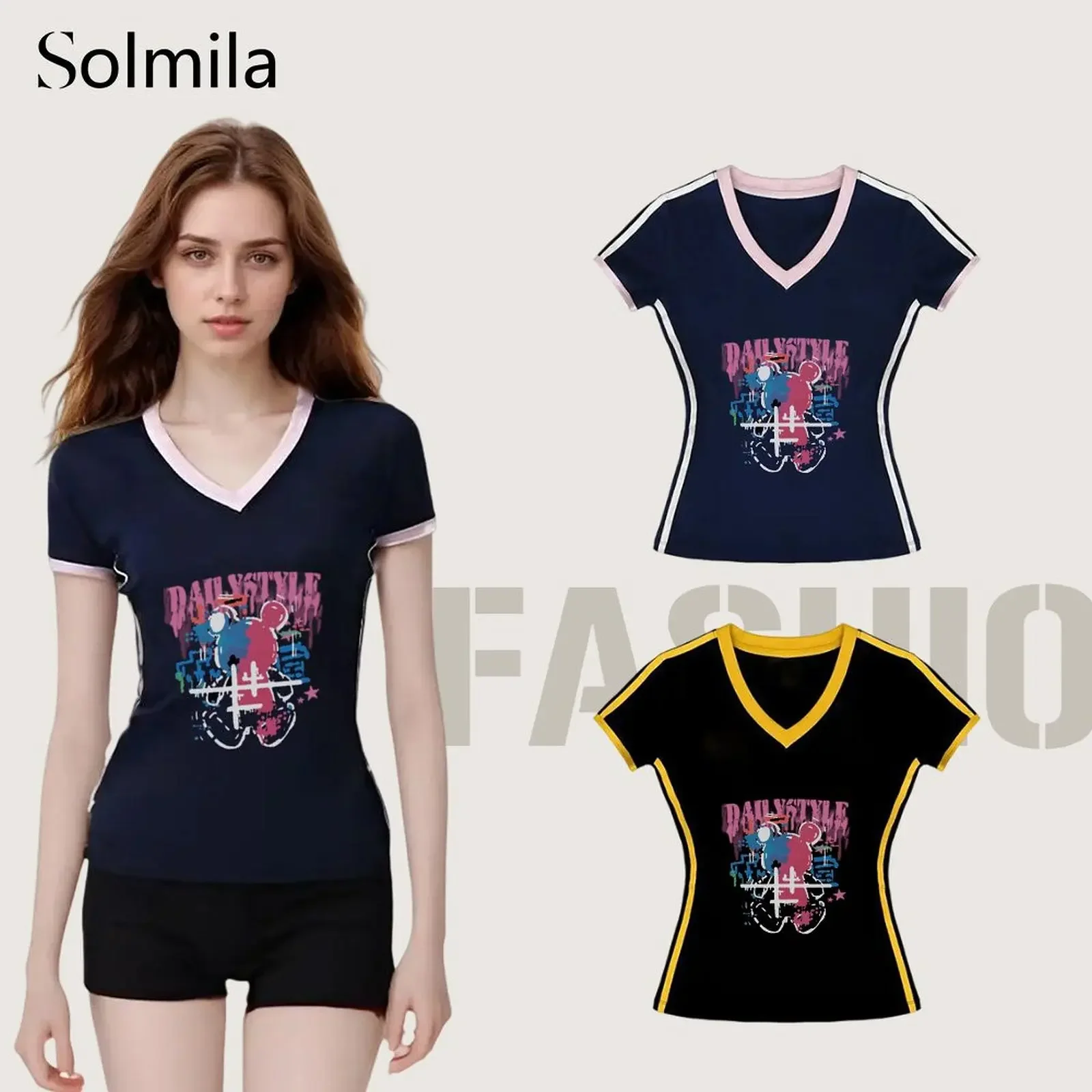 Women's Summer Vintage Colorful Letters Bear V-Neck Tees Sexy T-Shirts Slim Short Sleeve Tops Fashion Breathable T Shirt
Women's Summer Vintage Colorful Letters Bear V-Neck Tees Sexy T-Shirts Slim Short Sleeve Tops Fashion Breathable T Shirt
