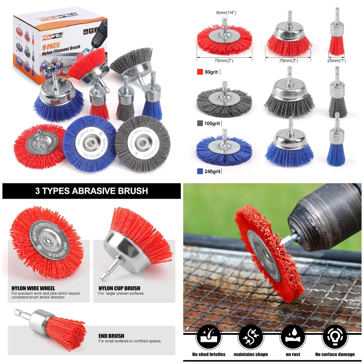 Нейлоновая щетка для нити, 9 шт., набор проволочных колес и чашечных щеток, шестигранный хвостовик 1/4 дюйма для удаления ржавчины, чистки гриля, полировки краски
Нейлоновая щетка для нити, 9 шт., набор проволочных колес и чашечных щеток, шестигранный хвостовик 1/4 дюйма для удаления ржавчины, чистки гриля, полировки краски