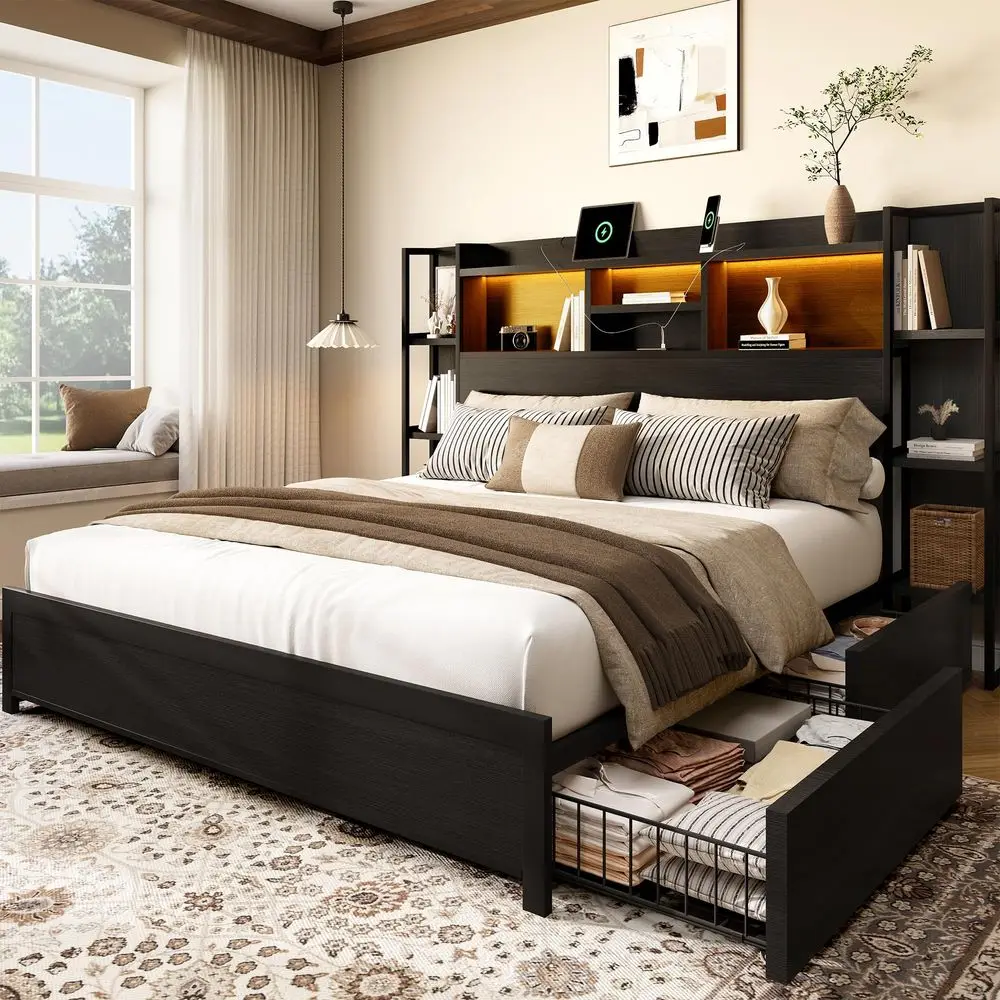 King Size Bed Frame with 4 Storage Drawers and Headboard Featuring Shelf Storage, Wooden Platform Bed Frame with LED Lights and
King Size Bed Frame with 4 Storage Drawers and Headboard Featuring Shelf Storage, Wooden Platform Bed Frame with LED Lights and