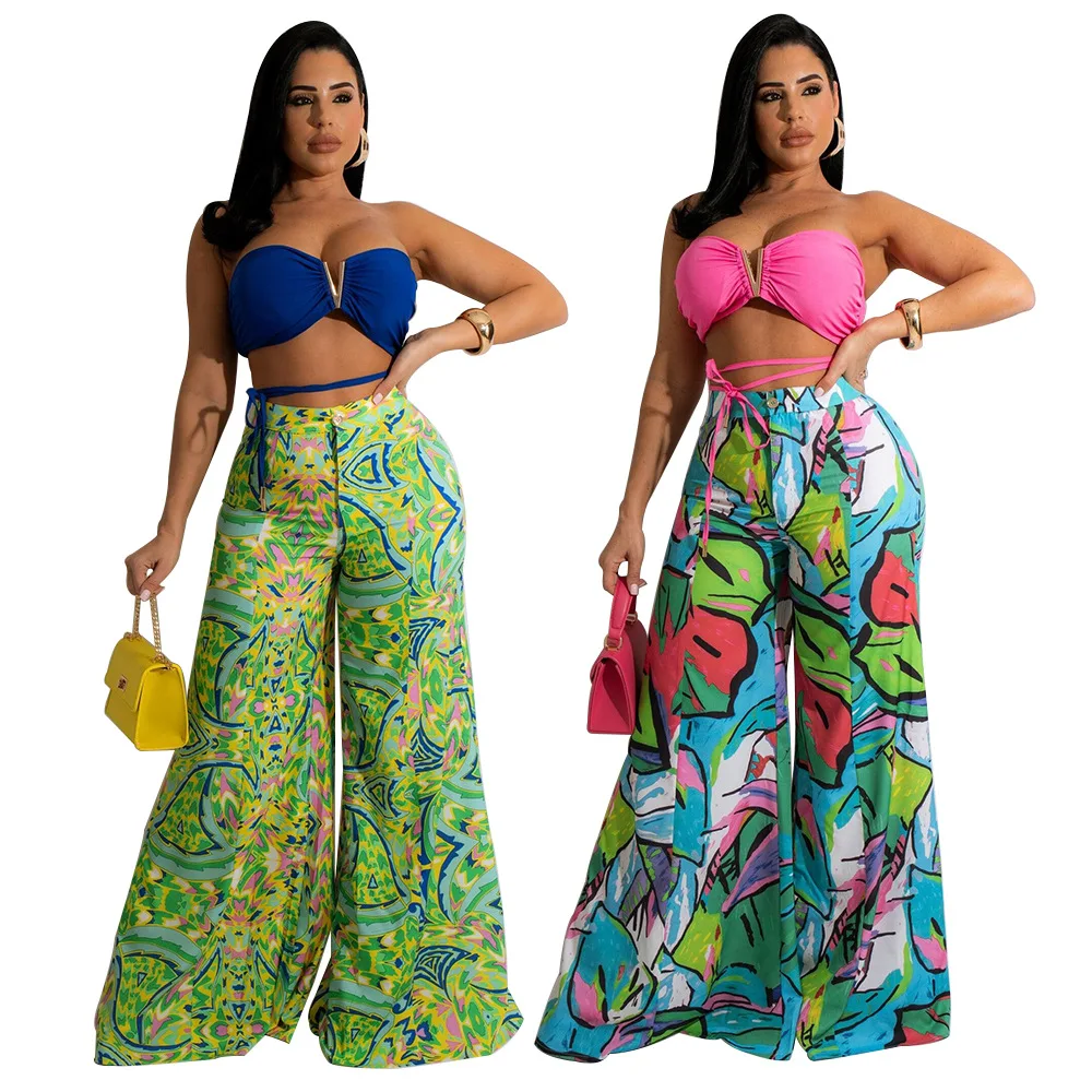 A fashionable and casual women's set of MM2165 V-neck strapless printed wide-leg trousers
A fashionable and casual women's set of MM2165 V-neck strapless printed wide-leg trousers