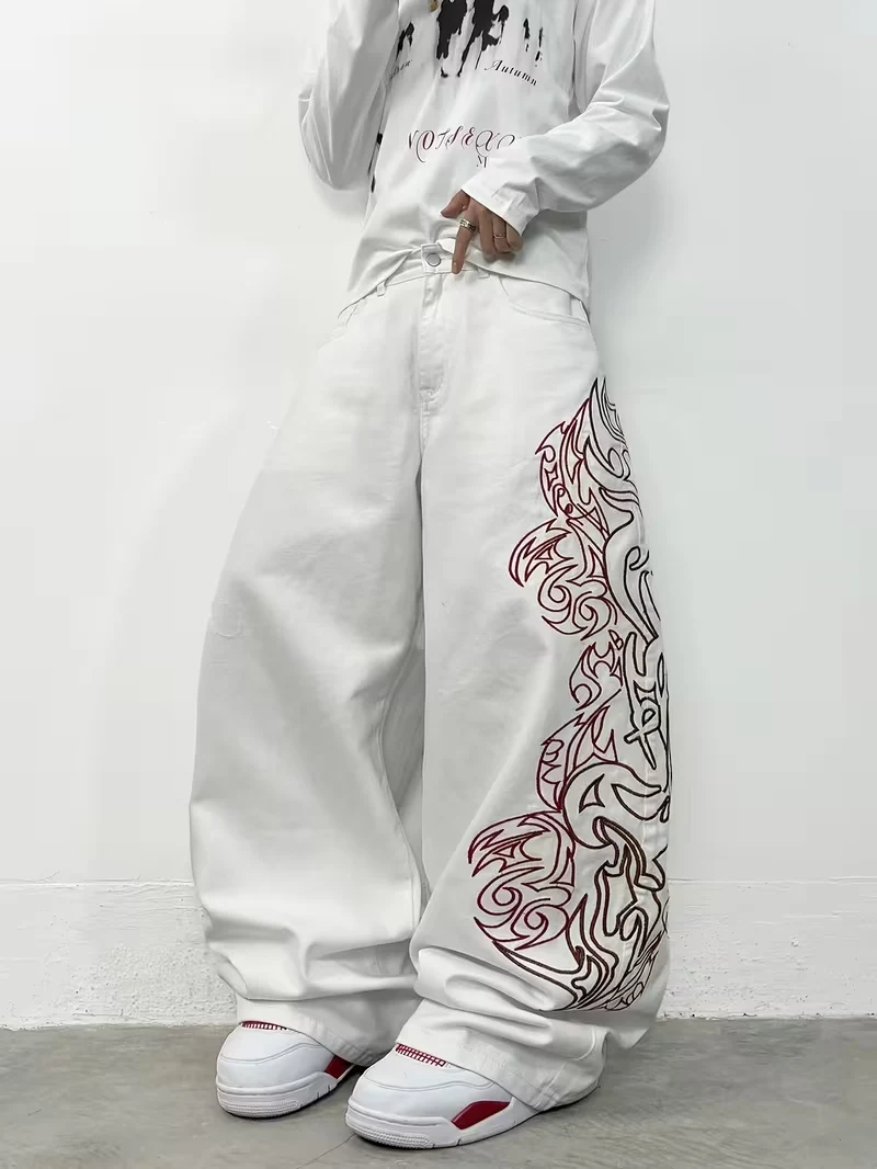 Unisex White Red Tribal Flame Print Loose Wide Leg Jeans Y2K Grunge Streetwear Oversized Denim Pants
Unisex White Red Tribal Flame Print Loose Wide Leg Jeans Y2K Grunge Streetwear Oversized Denim Pants