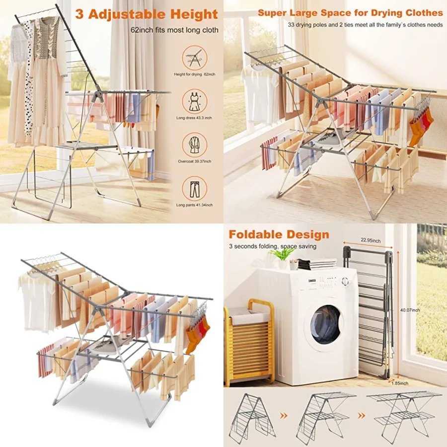 Clothes Drying Rack Foldable, 2-Level Large Laundry Drying Rack Collapsible, Stainless Steel Drying Rack Clothing for Indoor Ou
Clothes Drying Rack Foldable, 2-Level Large Laundry Drying Rack Collapsible, Stainless Steel Drying Rack Clothing for Indoor Ou