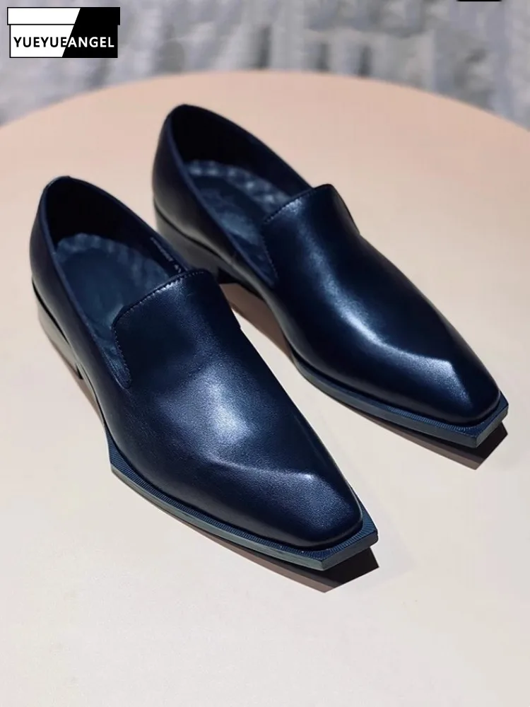 Мужские модельные туфли из натуральной кожи, модные лоферы без шнуровки с геометрической подошвой и квадратным носком, вечерние, банкетные, деловые, официальные туфли 
Мужские модельные туфли из натуральной кожи, модные лоферы без шнуровки с геометрической подошвой и квадратным носком, вечерние, банкетные, деловые, официальные туфли
