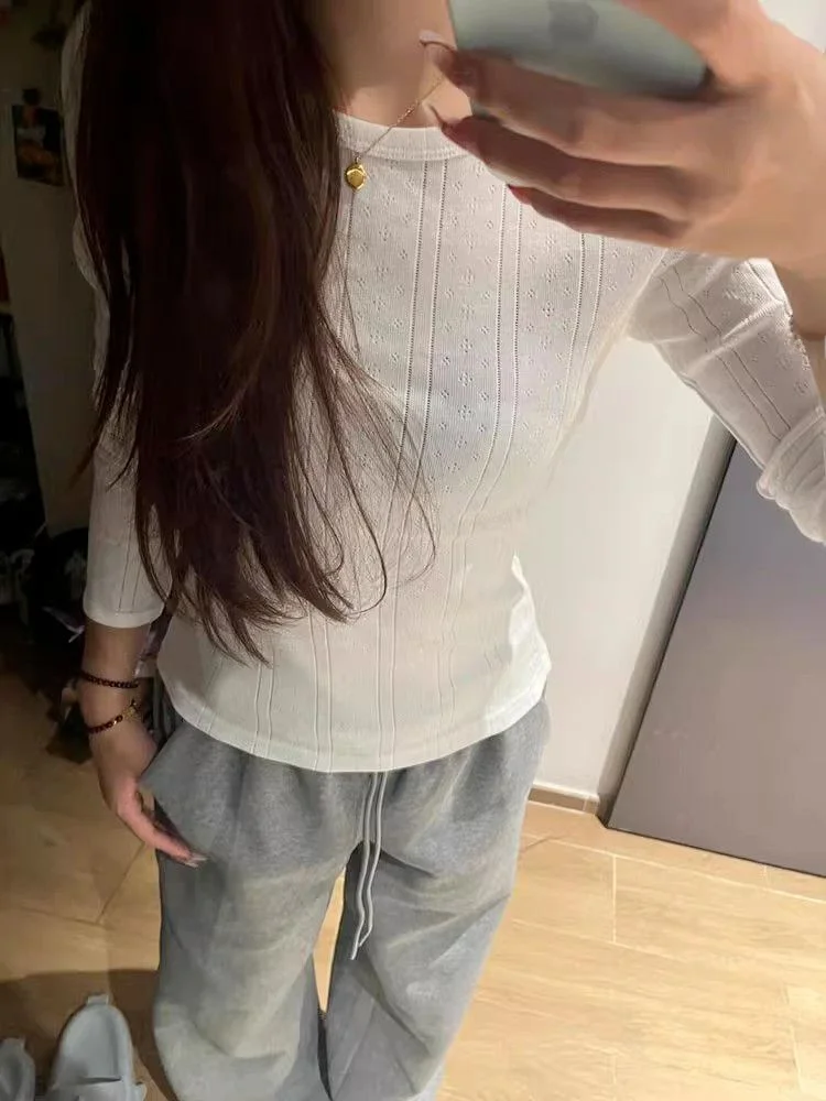 흰색 티셔츠 여성용 슬림핏 봄철 긴팔 흰색 여성용 정어깨 긴팔 티셔츠 탑 티셔츠 탑 티셔츠 탑 티셔츠 탑