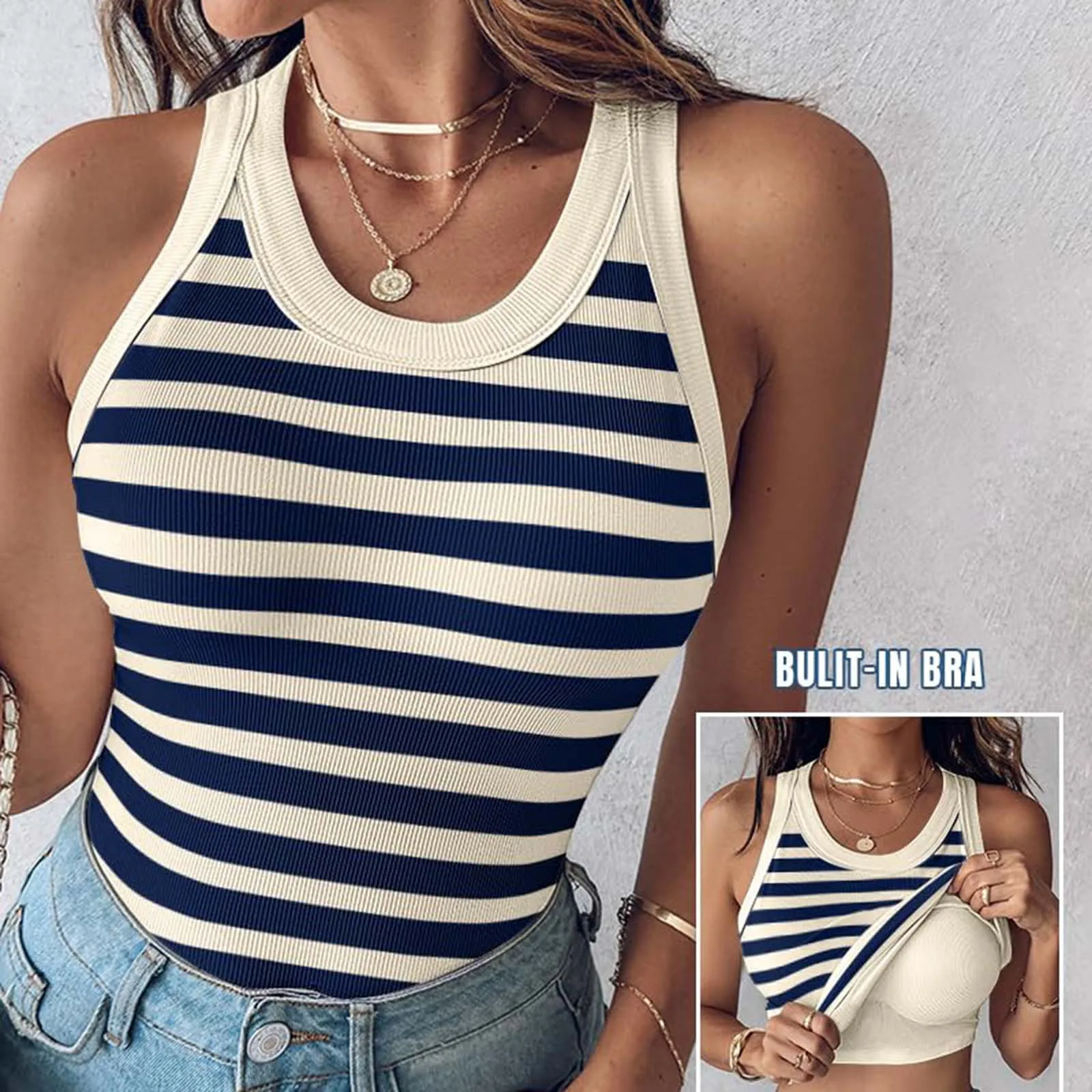Female Fashion High-end Round Neck Classic Striped Vest with Chest Pad Sexy Slimming Casual Commute Bottom Top
Female Fashion High-end Round Neck Classic Striped Vest with Chest Pad Sexy Slimming Casual Commute Bottom Top