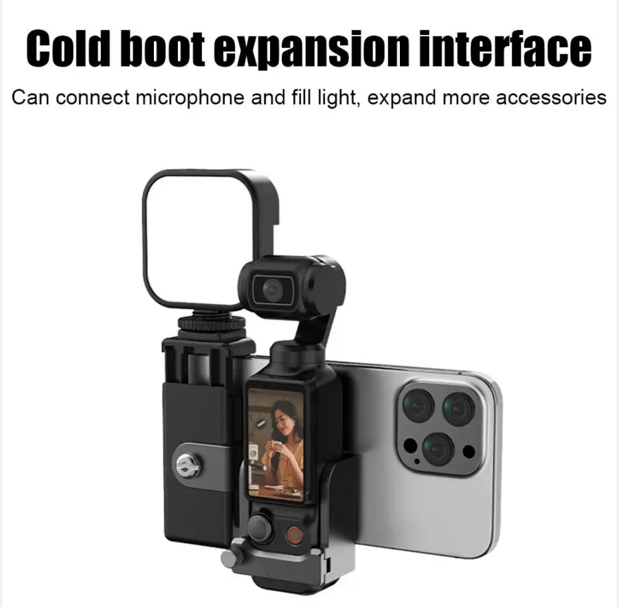 OSMO Pocket 3 Phone Mount Holder with 1/4 Threaded Hole and Cold Shoe Expansion Frame for Light mic
OSMO Pocket 3 Phone Mount Holder with 1/4 Threaded Hole and Cold Shoe Expansion Frame for Light mic