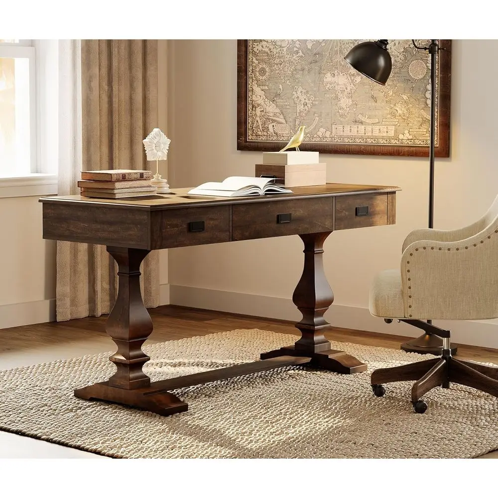 Vintage Wood Home Office Desk with Stable Solid Wood Pedestral Legs, Tradional Rustic Executive Desk with Deep Drawers and Power
Vintage Wood Home Office Desk with Stable Solid Wood Pedestral Legs, Tradional Rustic Executive Desk with Deep Drawers and Power