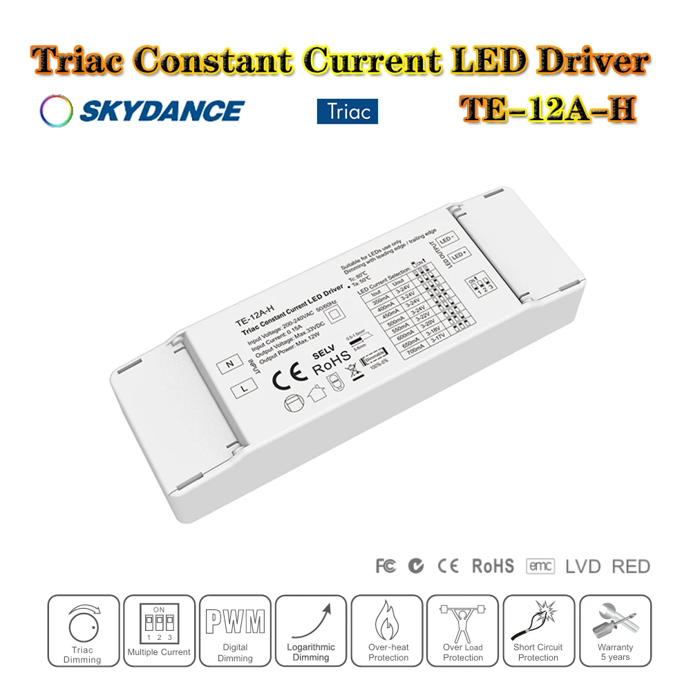 Skydance TE-12A-H TE-12A-L AC200~240V to DC3-48V Симистор постоянного тока 0 ~ 100% дим светодиодный драйвер для внутреннего светодиодного освещения
Skydance TE-12A-H TE-12A-L AC200~240V to DC3-48V Симистор постоянного тока 0 ~ 100% дим светодиодный драйвер для внутреннего светодиодного освещения