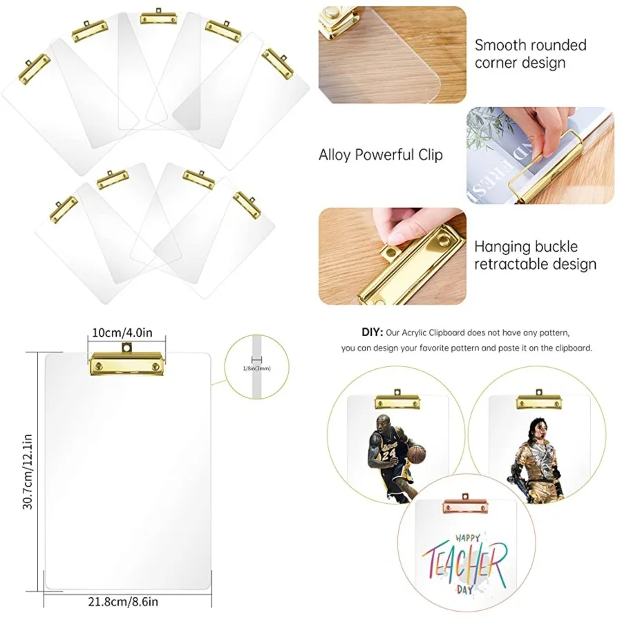 Thick Acrylic Clear Clipboards Cute Transparent Bulk Gold Clipboard with Strong Clip and Hidden Hanging Hole for A4 Paper, Art
Thick Acrylic Clear Clipboards Cute Transparent Bulk Gold Clipboard with Strong Clip and Hidden Hanging Hole for A4 Paper, Art