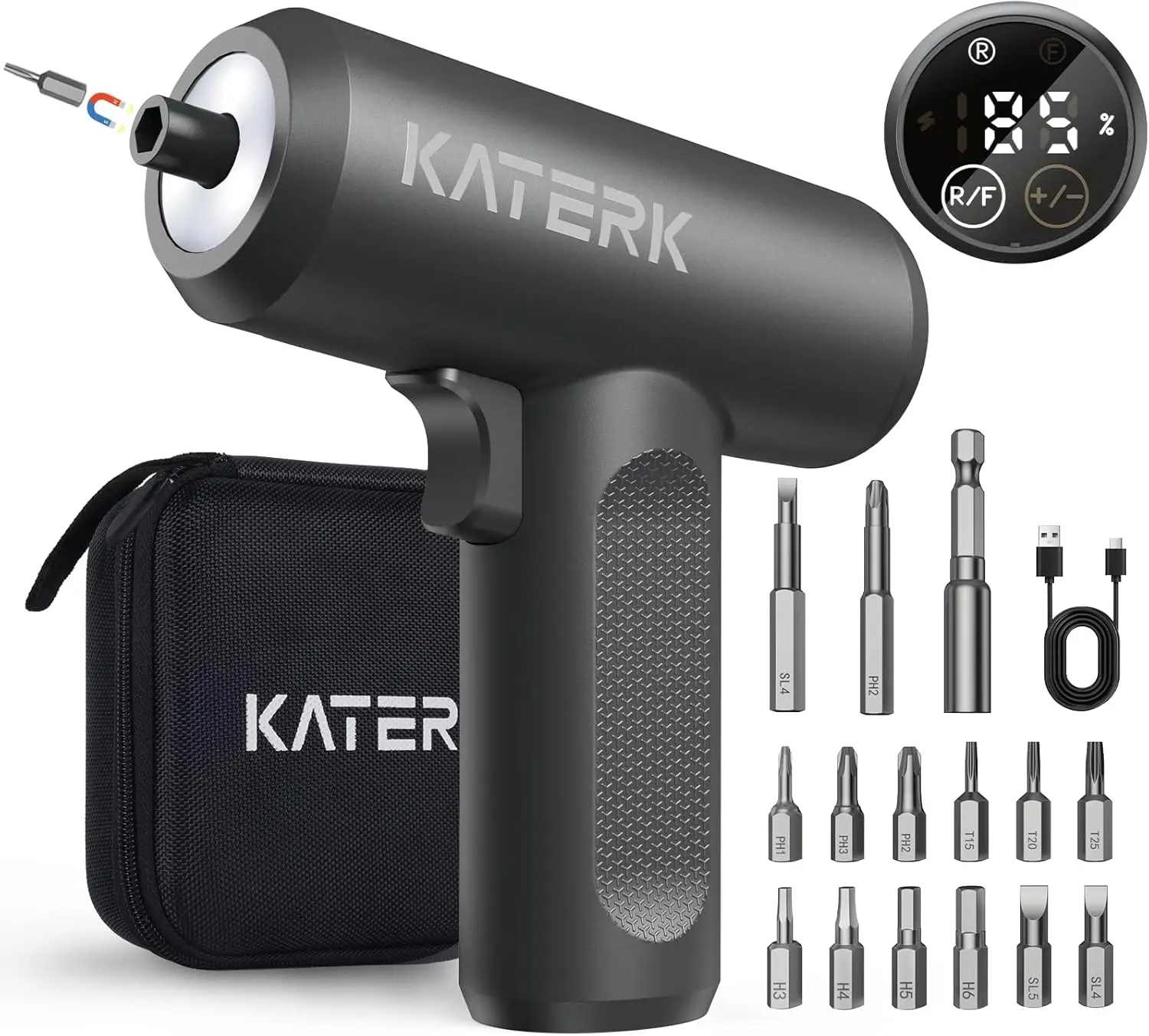 Cordless Screwdriver Set, 4V Rechargeable 2500mAh, 5 Torque Settings Up to 5N·m, 250RPM, 15 S2 Metal Bits, LED Light, 1/4" Hex,
Cordless Screwdriver Set, 4V Rechargeable 2500mAh, 5 Torque Settings Up to 5N·m, 250RPM, 15 S2 Metal Bits, LED Light, 1/4" Hex,