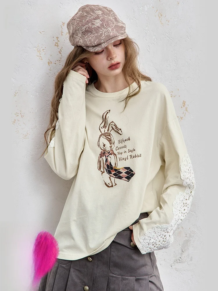 Ele Long Sve Lace Print T-irt Women's Casual Sle Cotton Fabric round Ne Design Autumn Top by Elf Sa
Ele Long Sve Lace Print T-irt Women's Casual Sle Cotton Fabric round Ne Design Autumn Top by Elf Sa