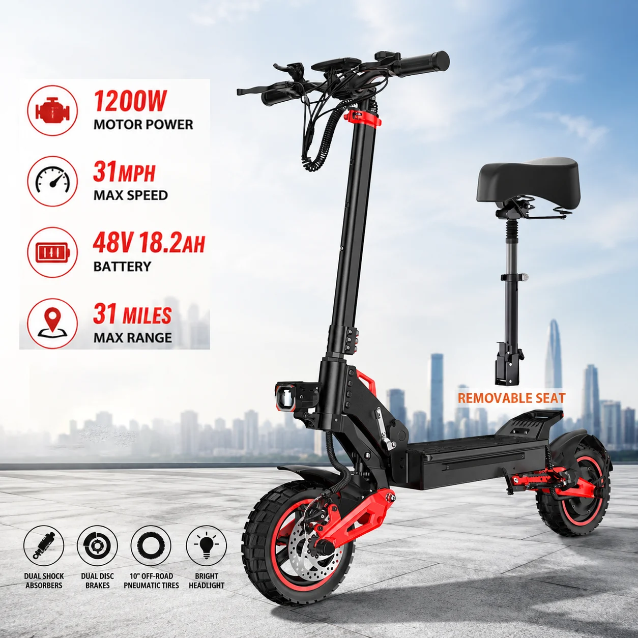 1200W Electric Scooter with Seat, 31MPH, 48V 18.2Ah, 10'' Off-Road Fat Tire E-Scooter for Adults, Dual Suspension & Disc Brake
1200W Electric Scooter with Seat, 31MPH, 48V 18.2Ah, 10'' Off-Road Fat Tire E-Scooter for Adults, Dual Suspension & Disc Brake