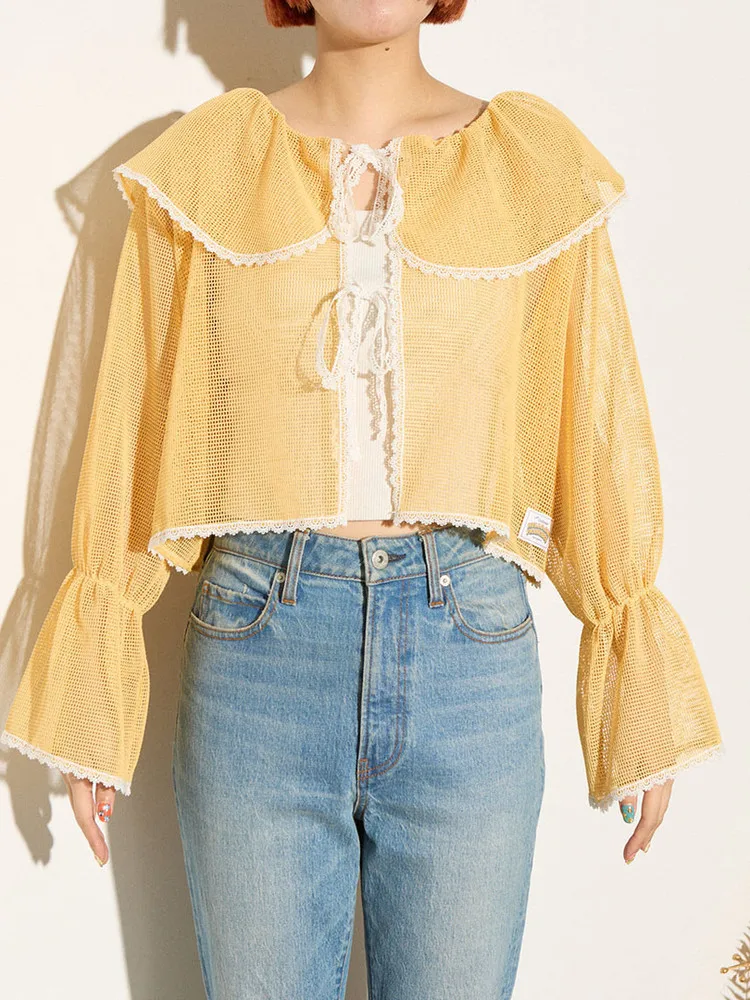 Gagarich Summer Autumn New Lace Edge Splicing Lotus Leaf Collar Strap Bow Perspective Hollow Mesh Shirt Top Women
Gagarich Summer Autumn New Lace Edge Splicing Lotus Leaf Collar Strap Bow Perspective Hollow Mesh Shirt Top Women