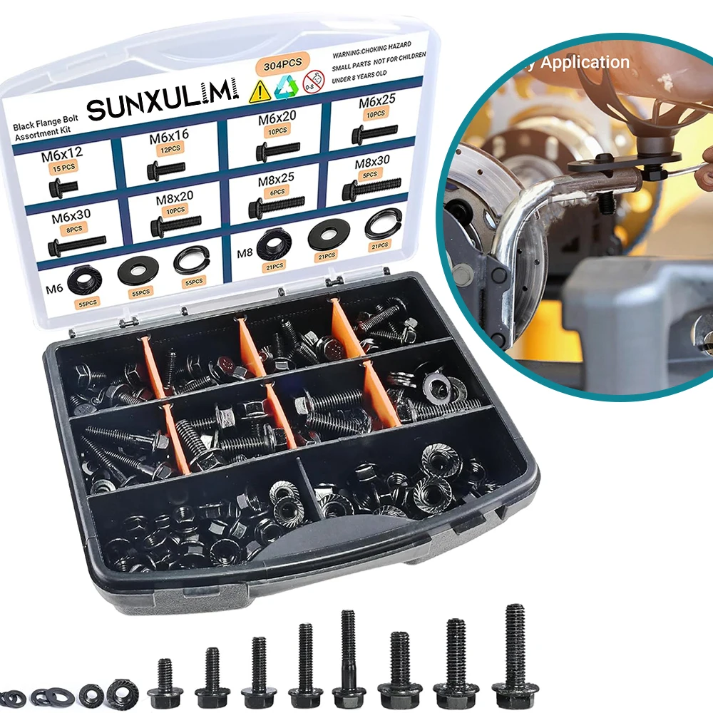 304 sets of metric flange bolts and nuts, M6M8 (12mm to 30mm) automotive hexagonal bolts, nuts and washers kits, grade 10.9
304 sets of metric flange bolts and nuts, M6M8 (12mm to 30mm) automotive hexagonal bolts, nuts and washers kits, grade 10.9