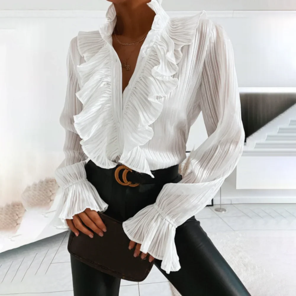 Womens Tops and Blouses 2025 New Summer Ruffled Flared Sleeve Pleated Long Sleeved Shirt
Womens Tops and Blouses 2025 New Summer Ruffled Flared Sleeve Pleated Long Sleeved Shirt