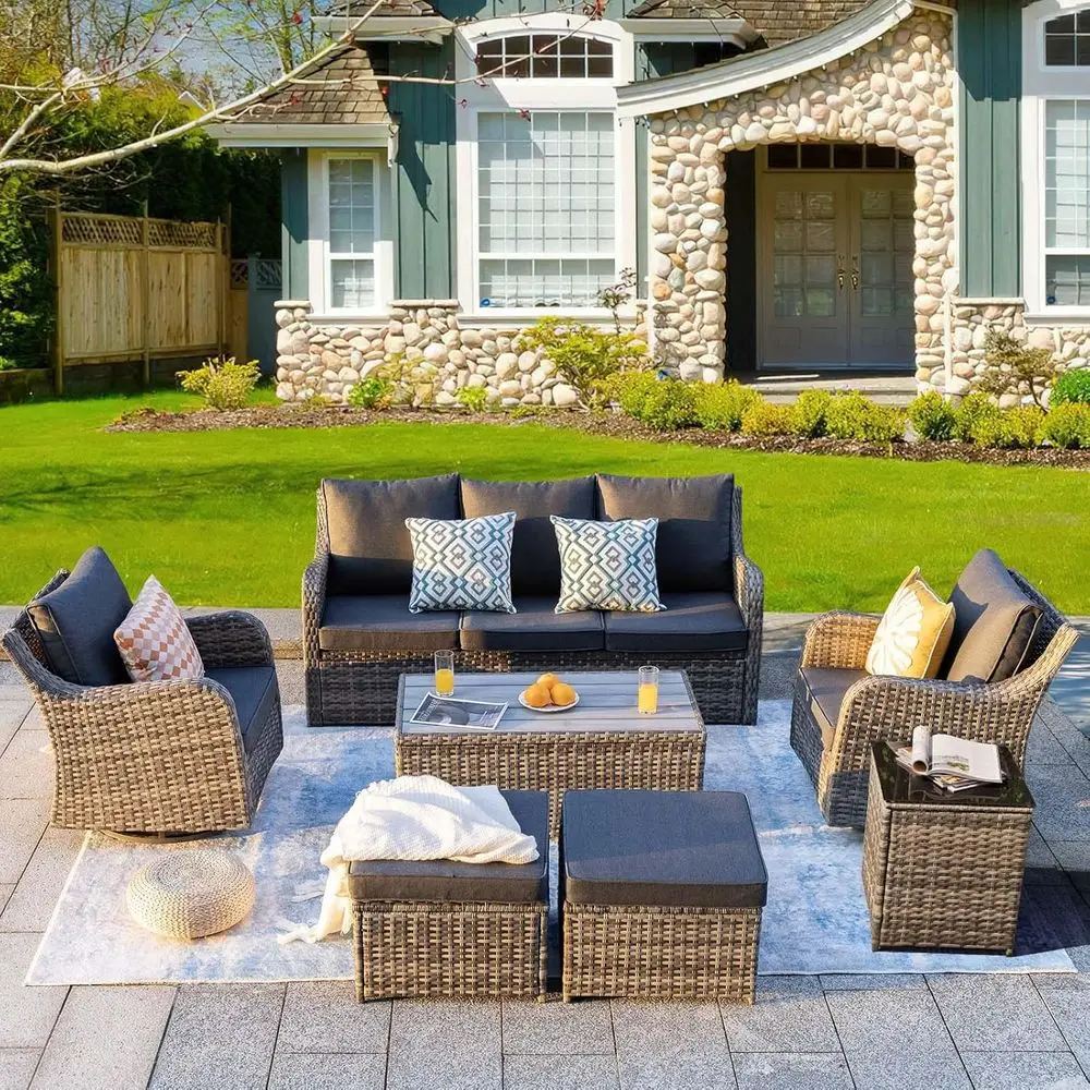 7-Piece Swivel Chair Patio Furniture Set with Sectional, 2 Rockers, Ottomans, and Coffee Table in Grey
7-Piece Swivel Chair Patio Furniture Set with Sectional, 2 Rockers, Ottomans, and Coffee Table in Grey