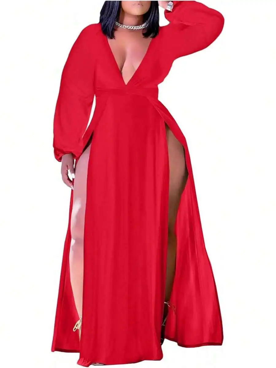Plus Size Women Red Long Sleeve Deep V Neck Front Slit Wrap Maxi Dress
Plus Size Women Red Long Sleeve Deep V Neck Front Slit Wrap Maxi Dress