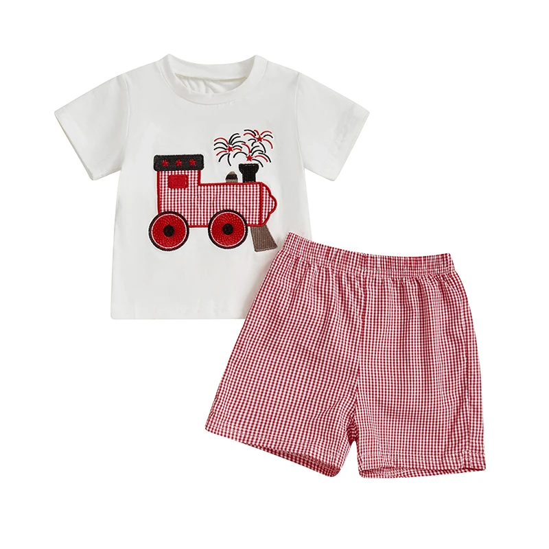 Baby Boys Shorts Set Short Sleeve Embroidery Train T-shirt with Plaid Shorts Summer Outfit for 4th of July
Baby Boys Shorts Set Short Sleeve Embroidery Train T-shirt with Plaid Shorts Summer Outfit for 4th of July