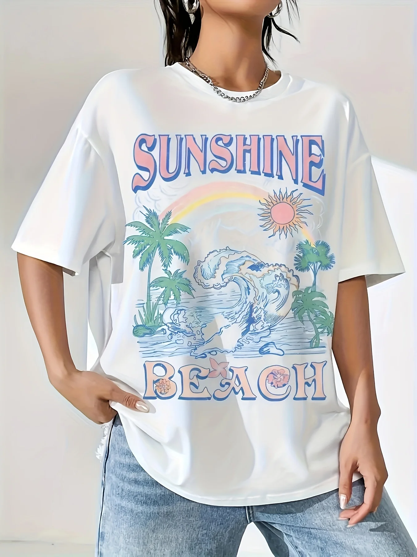 Plus Size SUNSHINE Print T-shirt Casual Short Sleeve Crew Neck Top For Spring & Summer Women's Plus Size Clothing
Plus Size SUNSHINE Print T-shirt Casual Short Sleeve Crew Neck Top For Spring & Summer Women's Plus Size Clothing