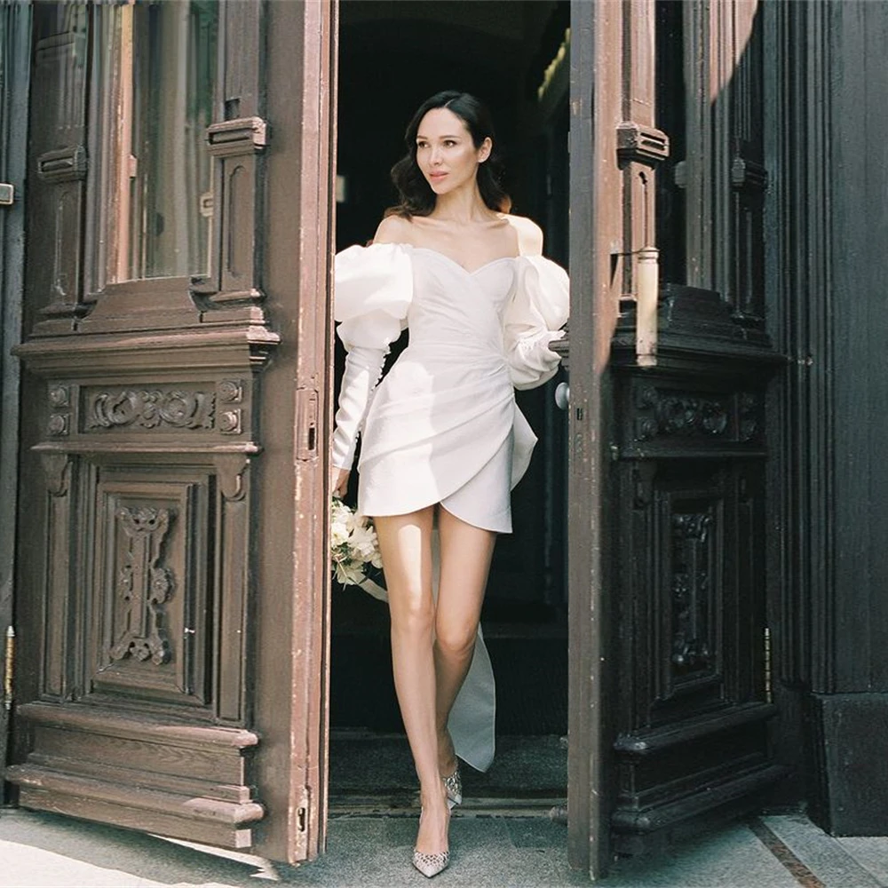 White Puff Long Sleeves Wedding Dress Short A line Off The Shoulder Tail Back Bridal Gowns Vestidos De Noiva Robe De Mariage
White Puff Long Sleeves Wedding Dress Short A line Off The Shoulder Tail Back Bridal Gowns Vestidos De Noiva Robe De Mariage