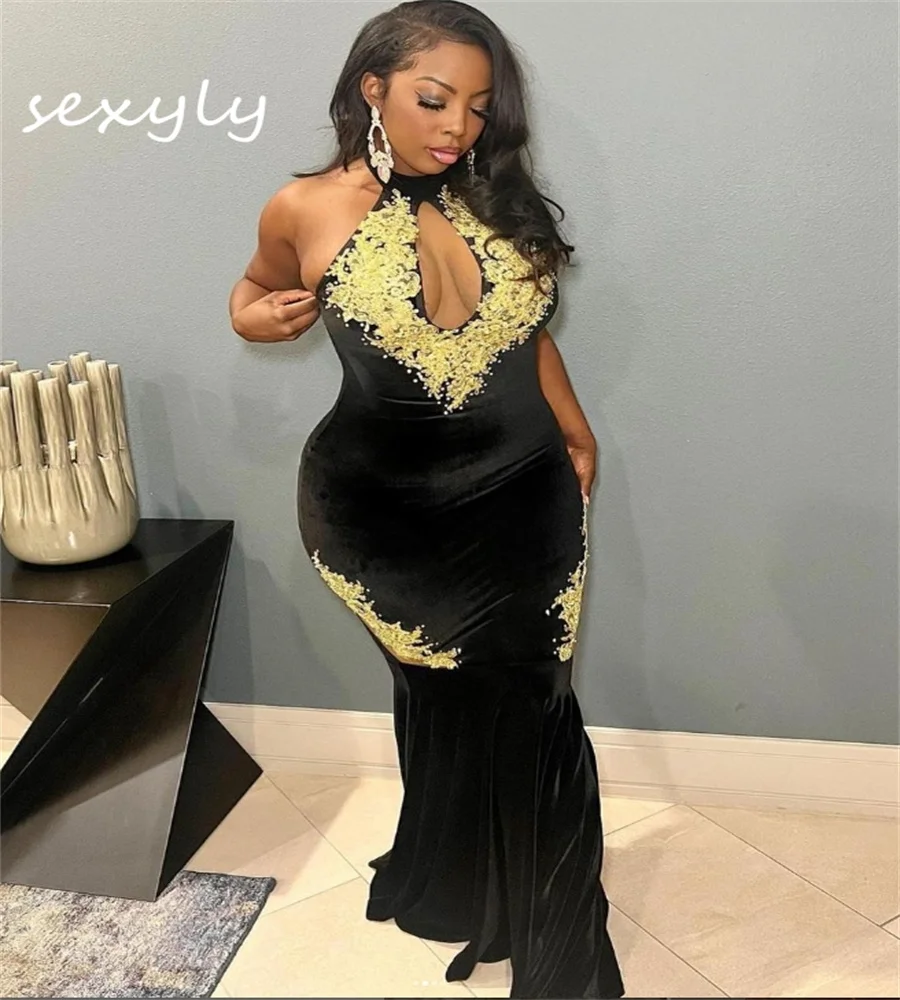 Elegant Black Velvet Prom Dresses With Gold Lace Keyhole Front Mermaid Evening Dress 2024 Plus Size Black Girls Formal Dress
Elegant Black Velvet Prom Dresses With Gold Lace Keyhole Front Mermaid Evening Dress 2024 Plus Size Black Girls Formal Dress