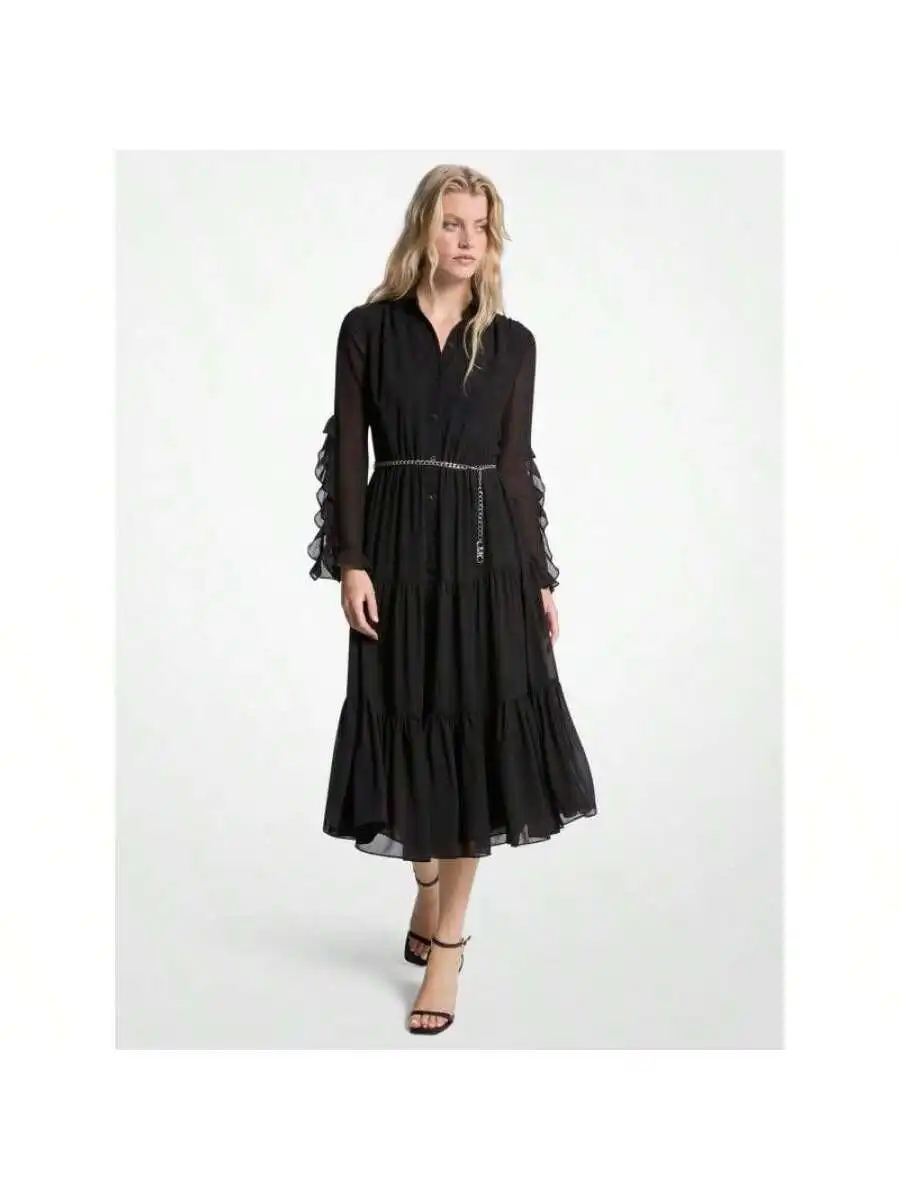 Ruffled Georgette Midi Dress With Chain Belt And Tiered Hem
Ruffled Georgette Midi Dress With Chain Belt And Tiered Hem