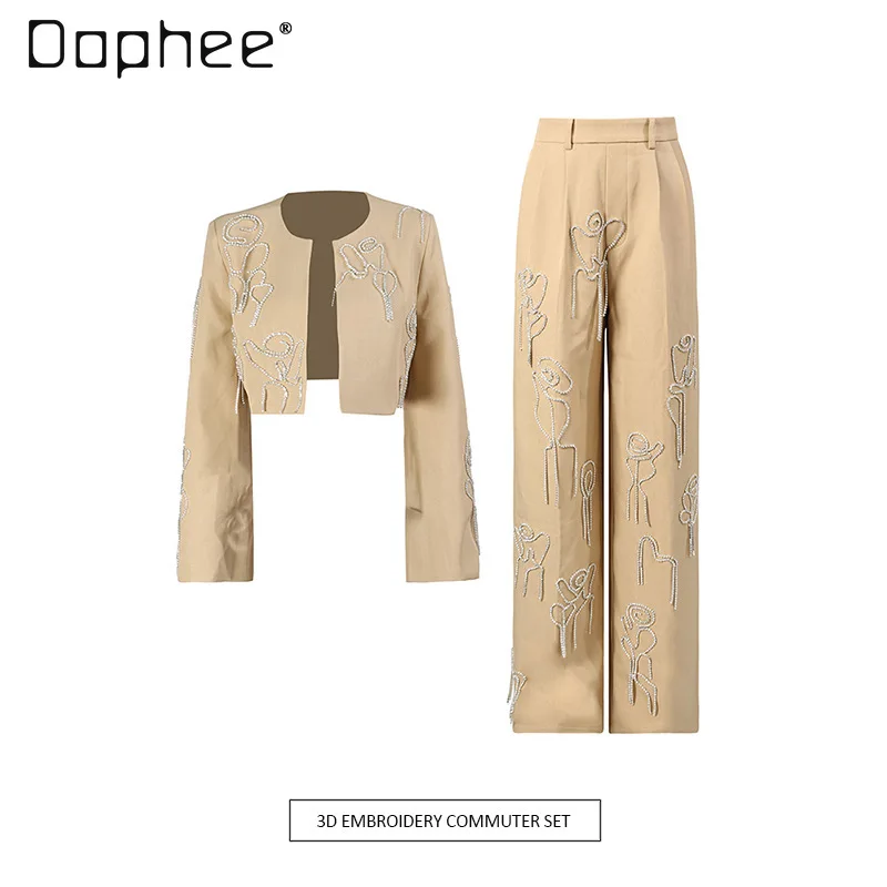 Elegant Two-Piece Set Solid Color Heavy Beading Rhinestone Short Jacket + High-Waisted Wide-Leg Pants Commuter Socialite Outfits
Elegant Two-Piece Set Solid Color Heavy Beading Rhinestone Short Jacket + High-Waisted Wide-Leg Pants Commuter Socialite Outfits