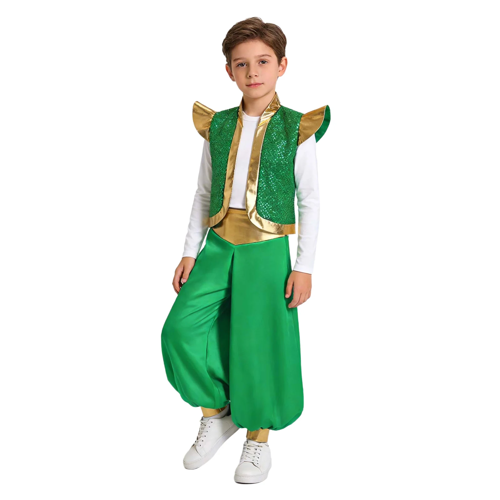 #6-16 2 Pieces Carnival Arabian Cosplay Costumes Sequins Metallic Arabian Vest Shoulder Pads Fairy Tale Vest with Loose Pant Set
#6-16 2 Pieces Carnival Arabian Cosplay Costumes Sequins Metallic Arabian Vest Shoulder Pads Fairy Tale Vest with Loose Pant Set