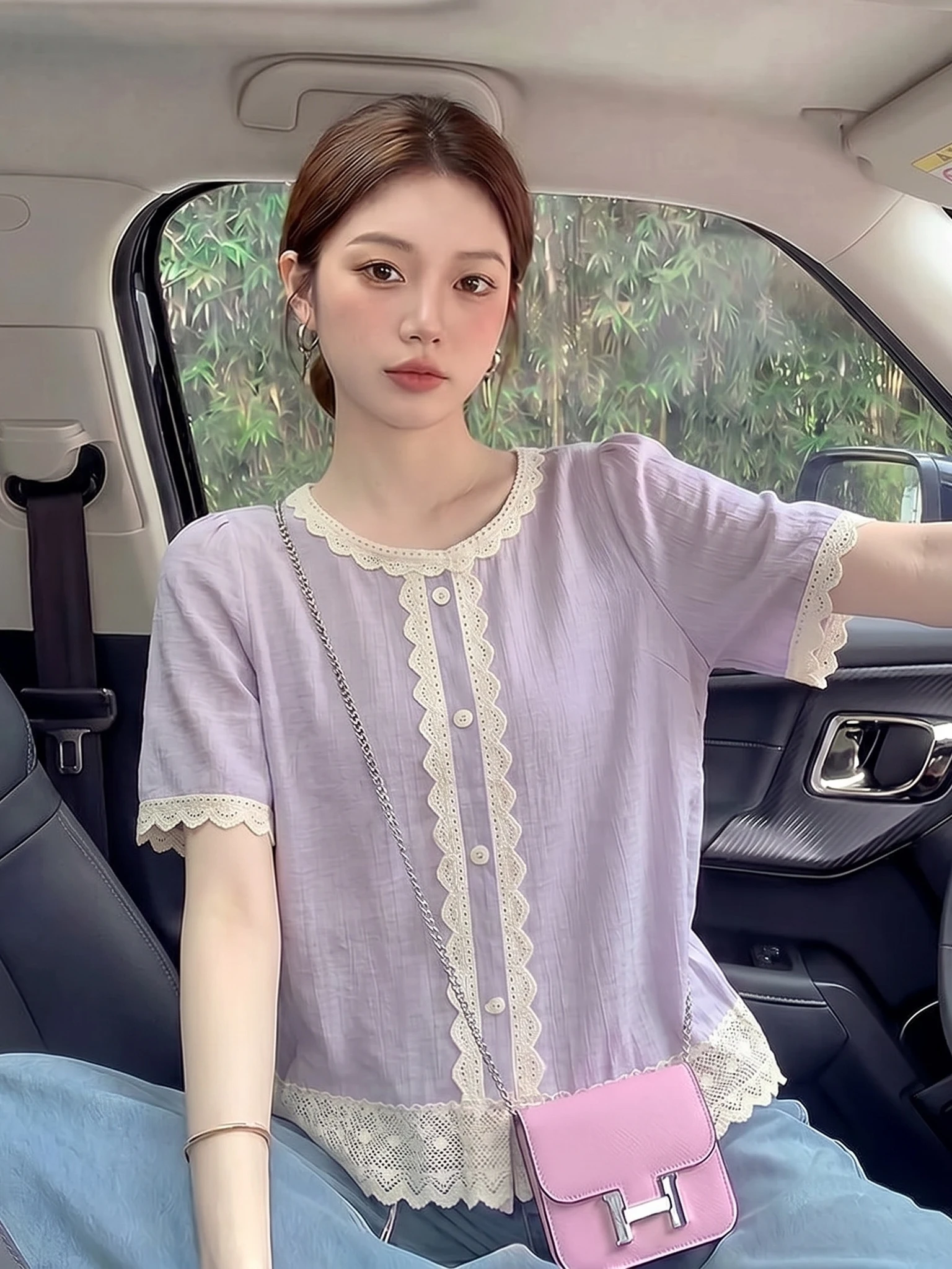 Purple Lace Trim Short Sleeve Shirt Women's Fashionable Korean Style Loose Fit Commute Wind Summer New Arrival Big Size
Purple Lace Trim Short Sleeve Shirt Women's Fashionable Korean Style Loose Fit Commute Wind Summer New Arrival Big Size