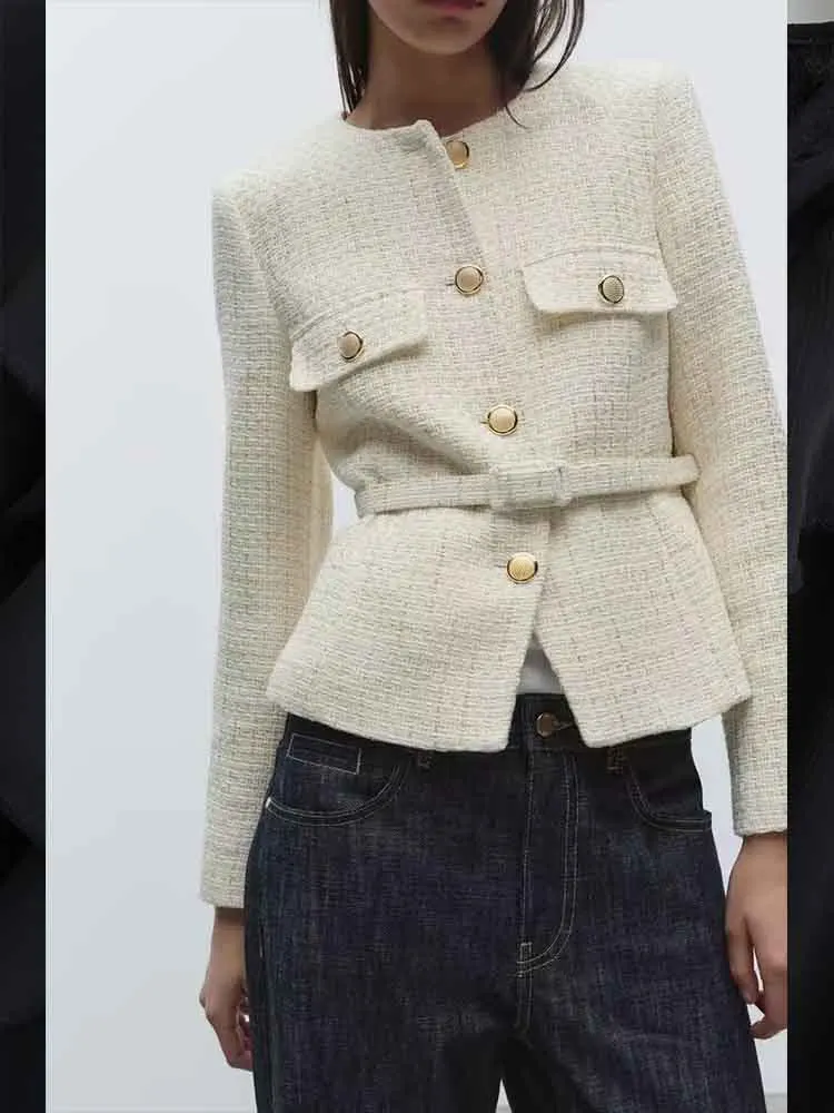 European and American style women's clothing new fashion versatile temperament round neck belt textured coat
European and American style women's clothing new fashion versatile temperament round neck belt textured coat