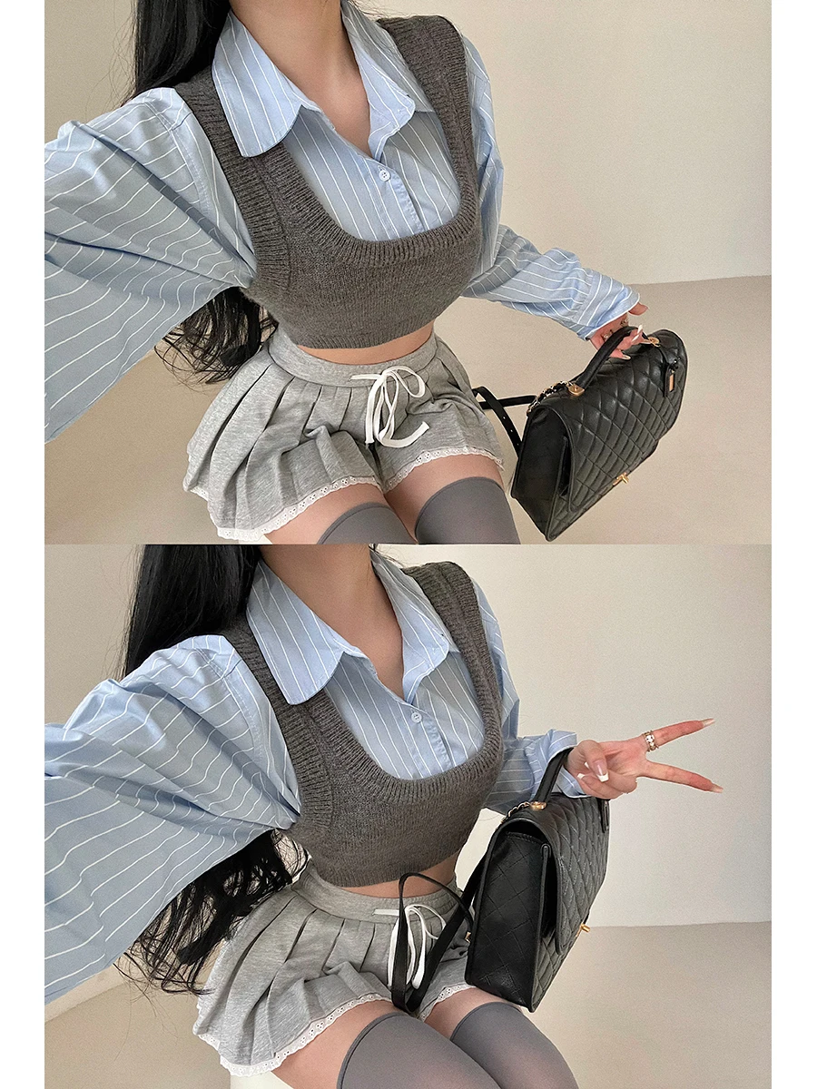 Young Girl Day Anti-Aging College Style Long Sleeve Knitted Shirt Short Crop Top Button up Fashion Set Women's Autumn 2024
Young Girl Day Anti-Aging College Style Long Sleeve Knitted Shirt Short Crop Top Button up Fashion Set Women's Autumn 2024
