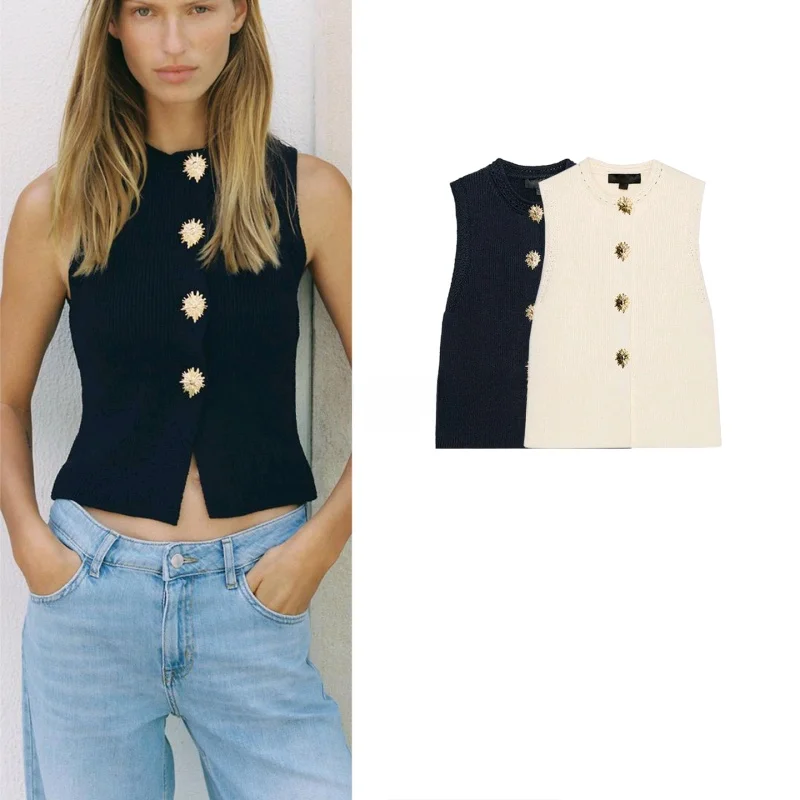 Новый женский летний вязаный топ-жилет с пуговицами под золото, круглый вырез, простой дизайн, для повседневной носки, из полиэфирного волокна
Новый женский летний вязаный топ-жилет с пуговицами под золото, круглый вырез, простой дизайн, для повседневной носки, из полиэфирного волокна