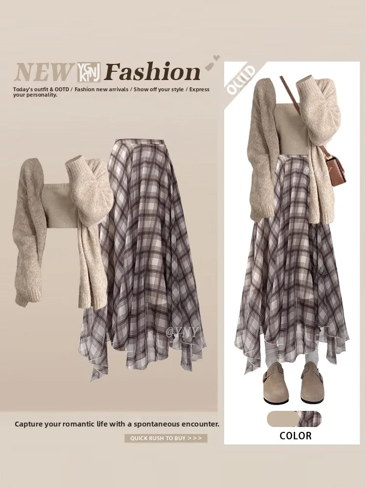 Осенний свитер-жилет в стиле лоу-эйр, женская юбка в клетку с высокой талией, юбка в стиле A-силуэта, длинная юбка с круглым вырезом
Осенний свитер-жилет в стиле лоу-эйр, женская юбка в клетку с высокой талией, юбка в стиле A-силуэта, длинная юбка с круглым вырезом